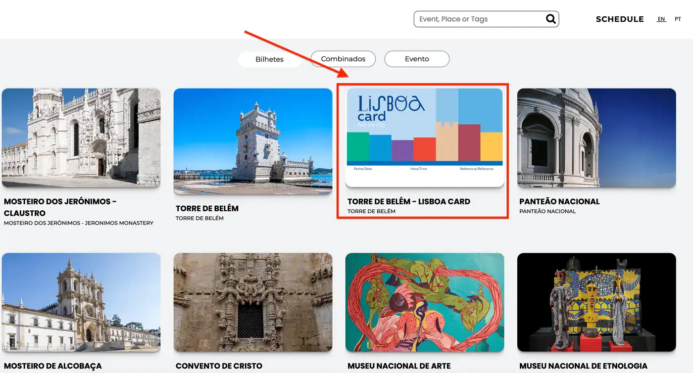 Landing-Page des Reservierungs-Portals mit Kacheln verschiedener Monumente; die Lisboa-Card-Variante der Torre de Belém ist rot markiert.