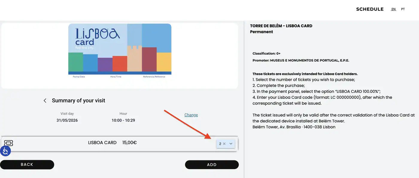 Auswahl der Anzahl der Tickets für die Torre de Belém mit Add-Button.