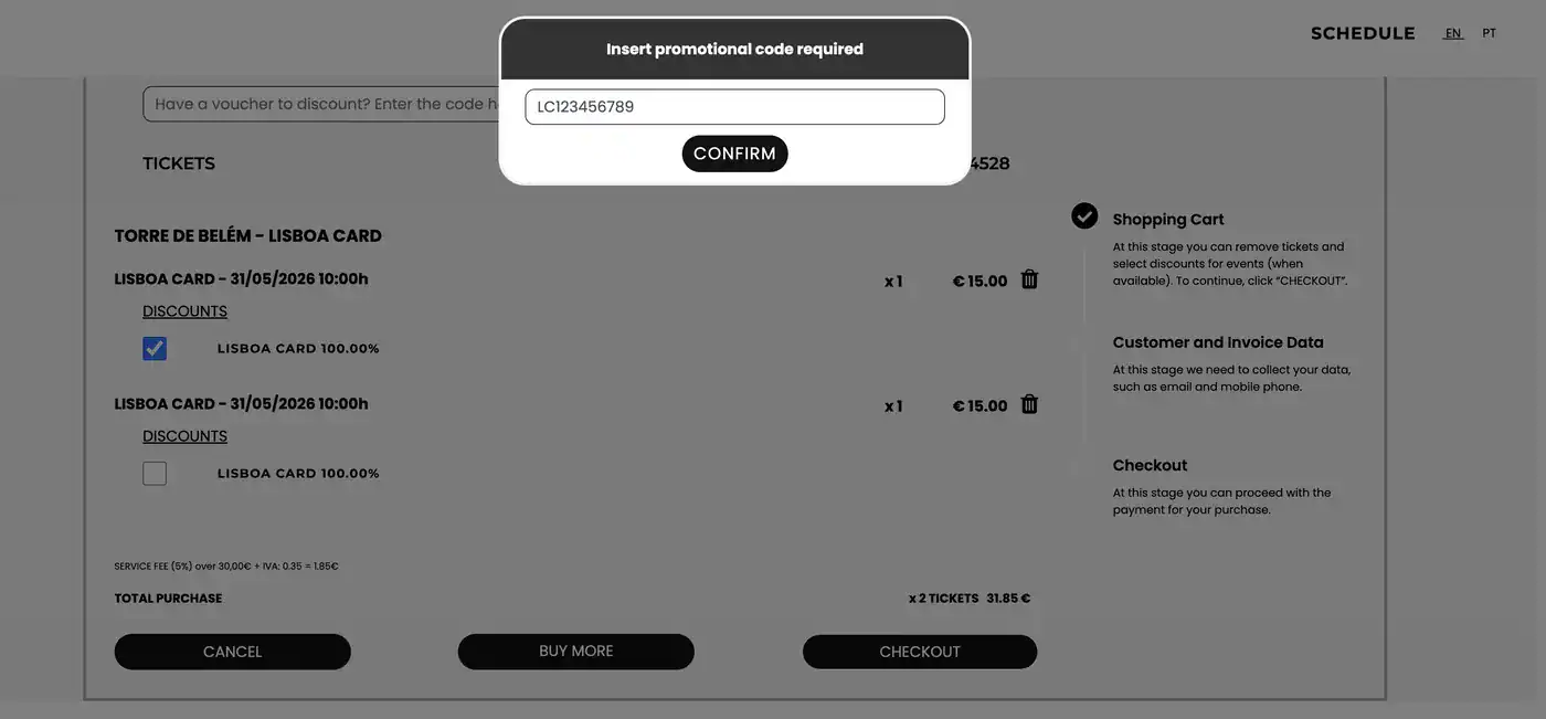 Eingabefeld zur Eingabe des Lisboa-Card-Codes im Format LC123456789.