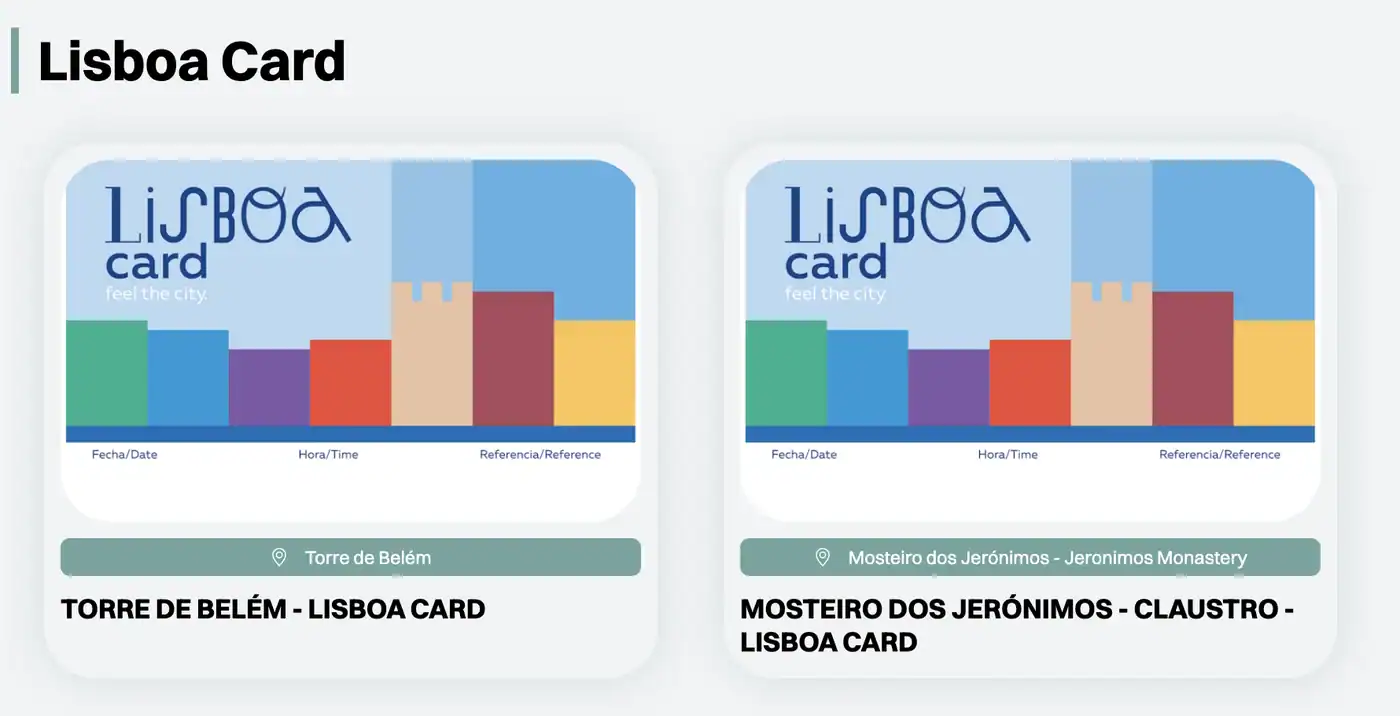 Lisboa-Card-Übersicht des Reservierungs-Portals mit den beiden Kacheln für Torre de Belém und Mosteiro dos Jerónimos.