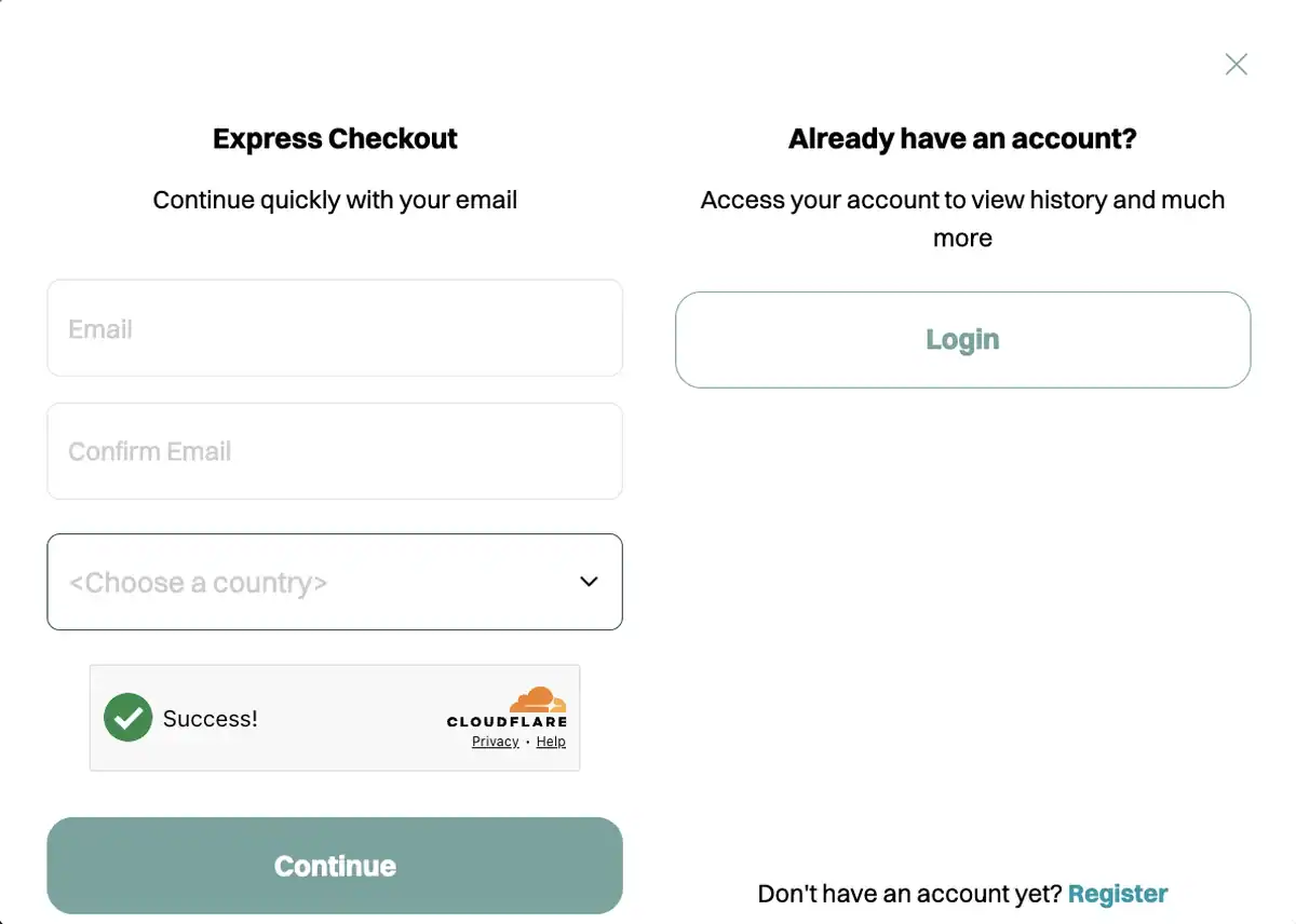 Checkout-Fenster des Portals mit Express Checkout für E-Mail-Adresse und Land sowie Login-Option.